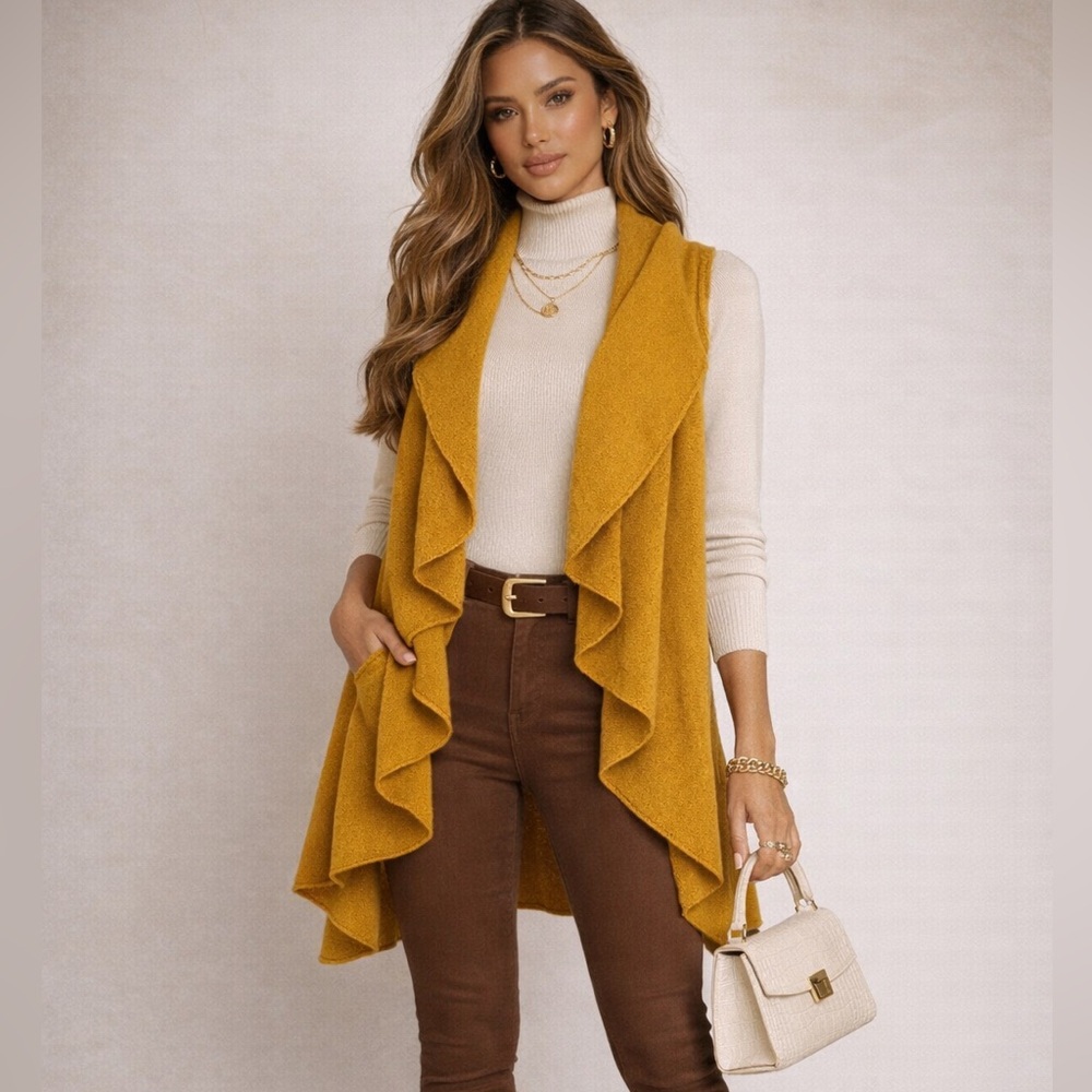Anthropologie Moth Cascades Shawl Sweater Vest‎ Cardigan Mustard Yellow OS